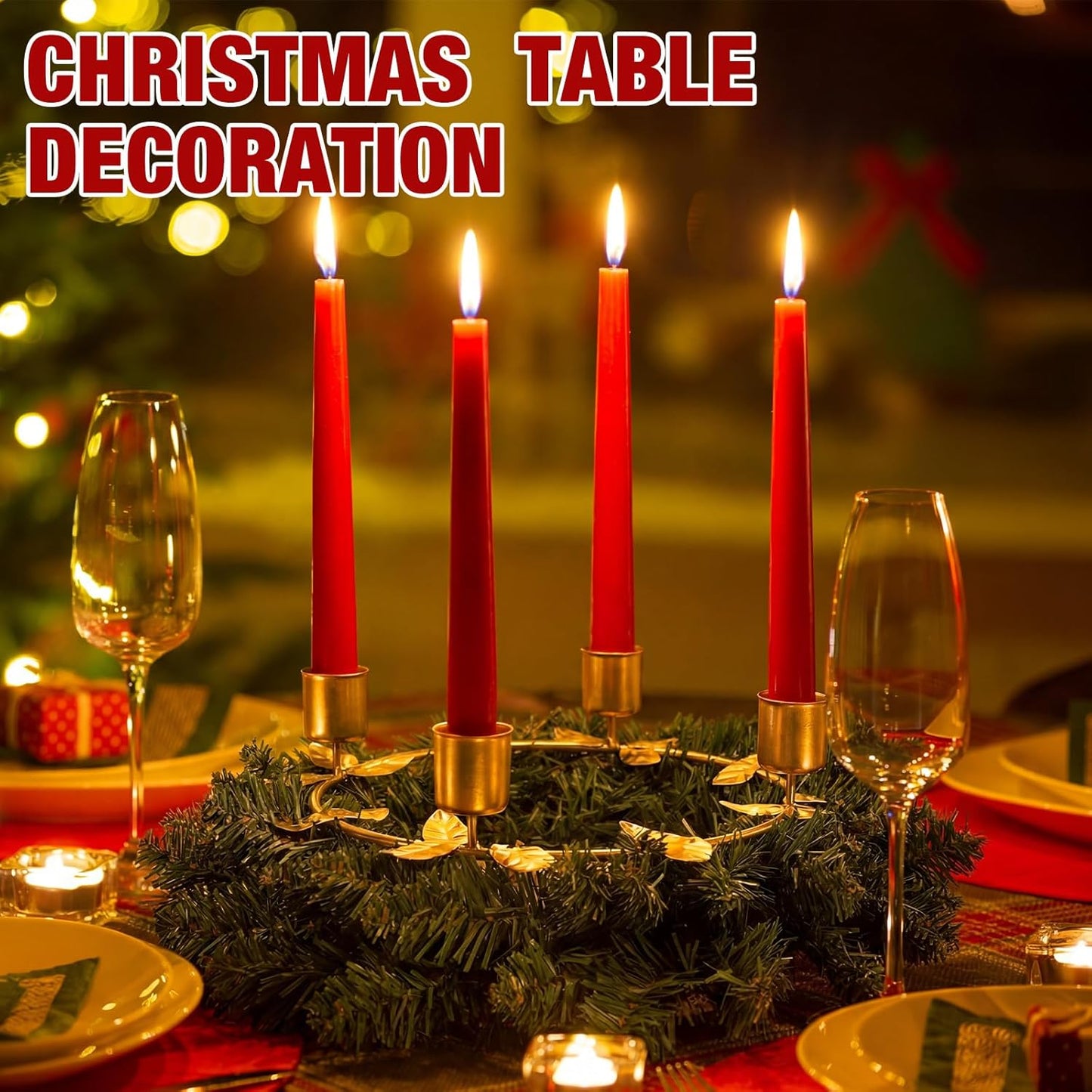 Norfolk Pine | 2 Pcs Christmas Advent Wreath Candle Holder Set - Gold Ring Design for Festive Table Centerpiece