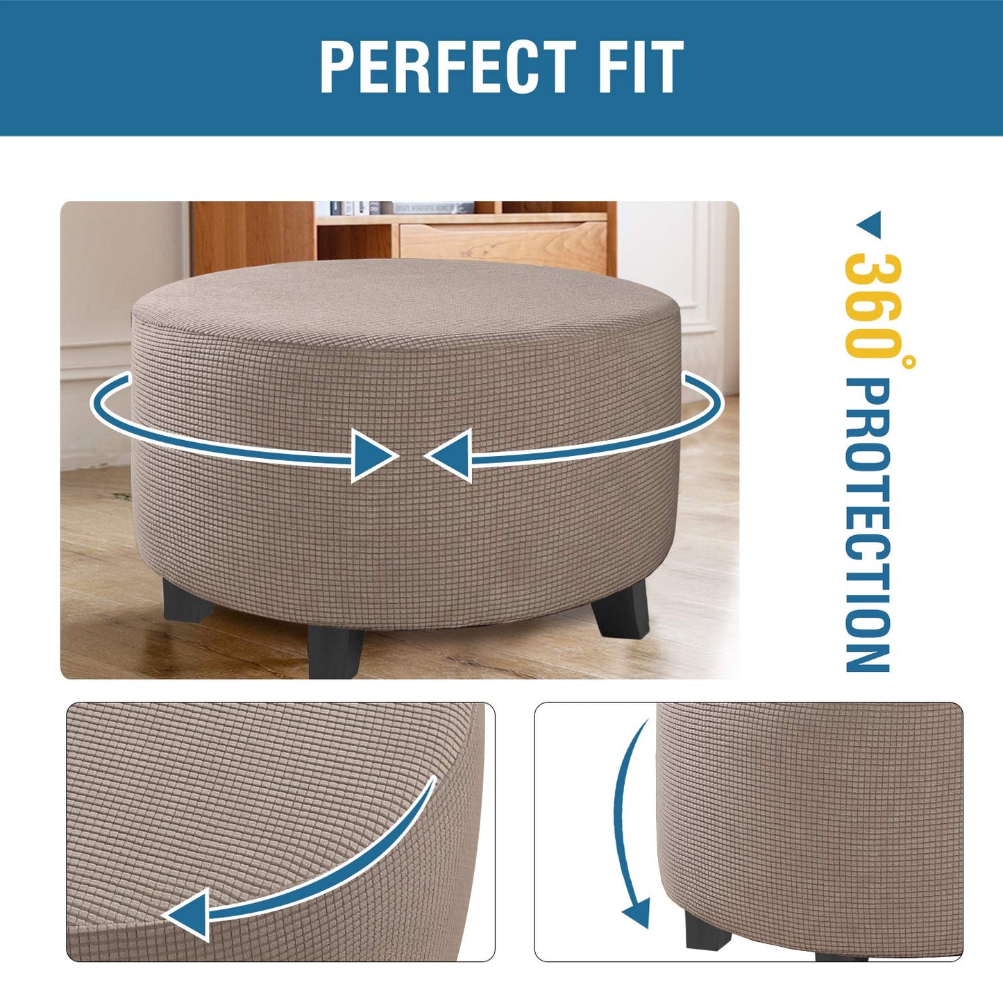 H.VERSAILTEX Ottoman Cover Stretch Ottoman Slipcover Round Ottoman Storage Cover Folding Stool Covers Furniture Protector Cover for Footrest Ottoman Fit Dia 30" - 41", Taupe