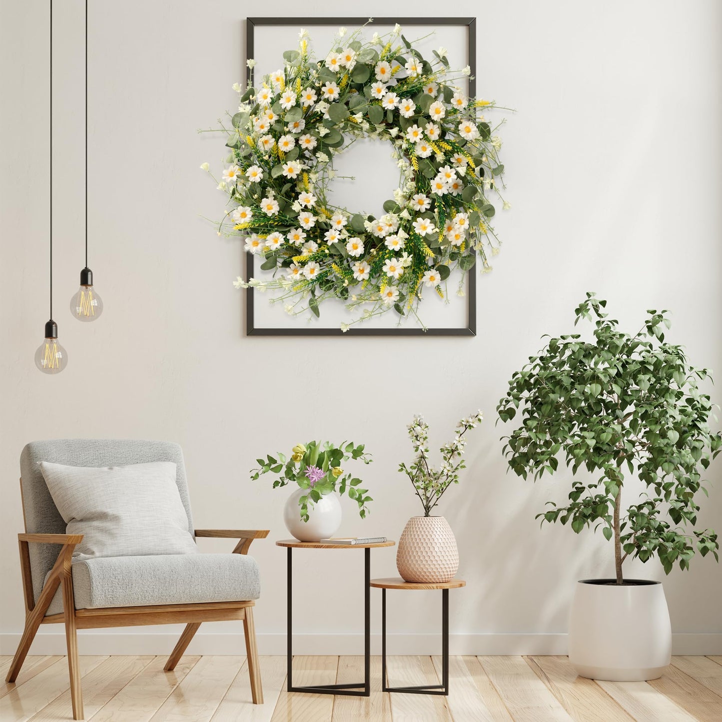 Sggvecsy White Daisy Wreath 24 Inch with Fake Silk Floral Green Eucalyptus Leaves and Lavender for Spring Summer Front Door Window Wall Wedding Farmhouse Festival Decor