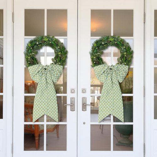 HunnmingRe Christmas Wreath Sash - 2 Pcs Green Block Print Bow | 24 x 16 Inch Indoor/Outdoor Decor