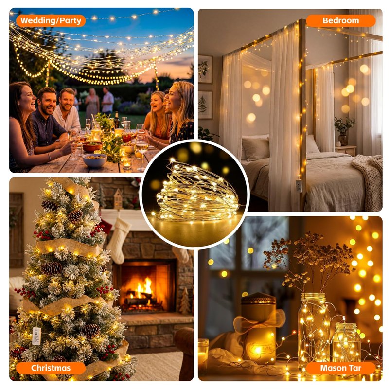 SINAMER 6 Pack Rechargeable Fairy Lights with Remote & DIY Timer, 7ft 20LED Dimmable Silver Wire String Light for Mason Jar, Mini Twinkle Lights for Indoor Christmas Bedroom Wedding Decor, Warm White