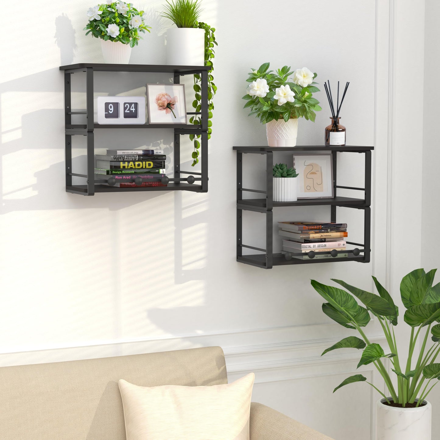 ANYHI Wall Mounted Three-Tier Floating Shelves for Living Room/Bedroom/Kitchen/Bathroom, Wood Floating Shelf with 4 Hooks for Books/Storage/Decor, Bedside Shelves, Black Nightstand