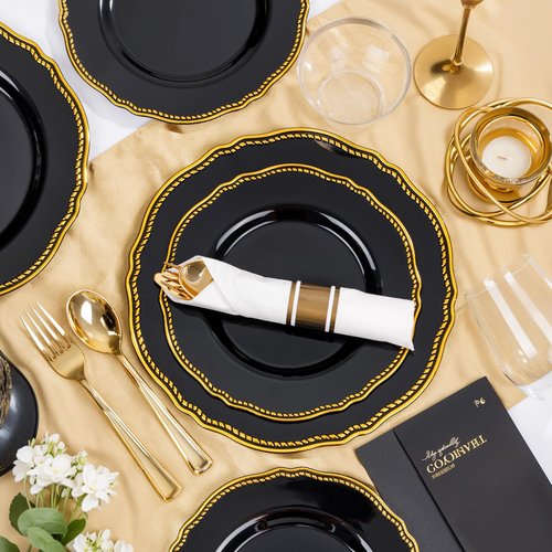 Hioasis 175pcs Black and gold Plastic Plates - Gold Plastic Dinnerware Set Includes 25 Dinner Plates, 25 Dessert Dinnerware, 25 Cups, 25 Napkins Perfect for Wedding & Party