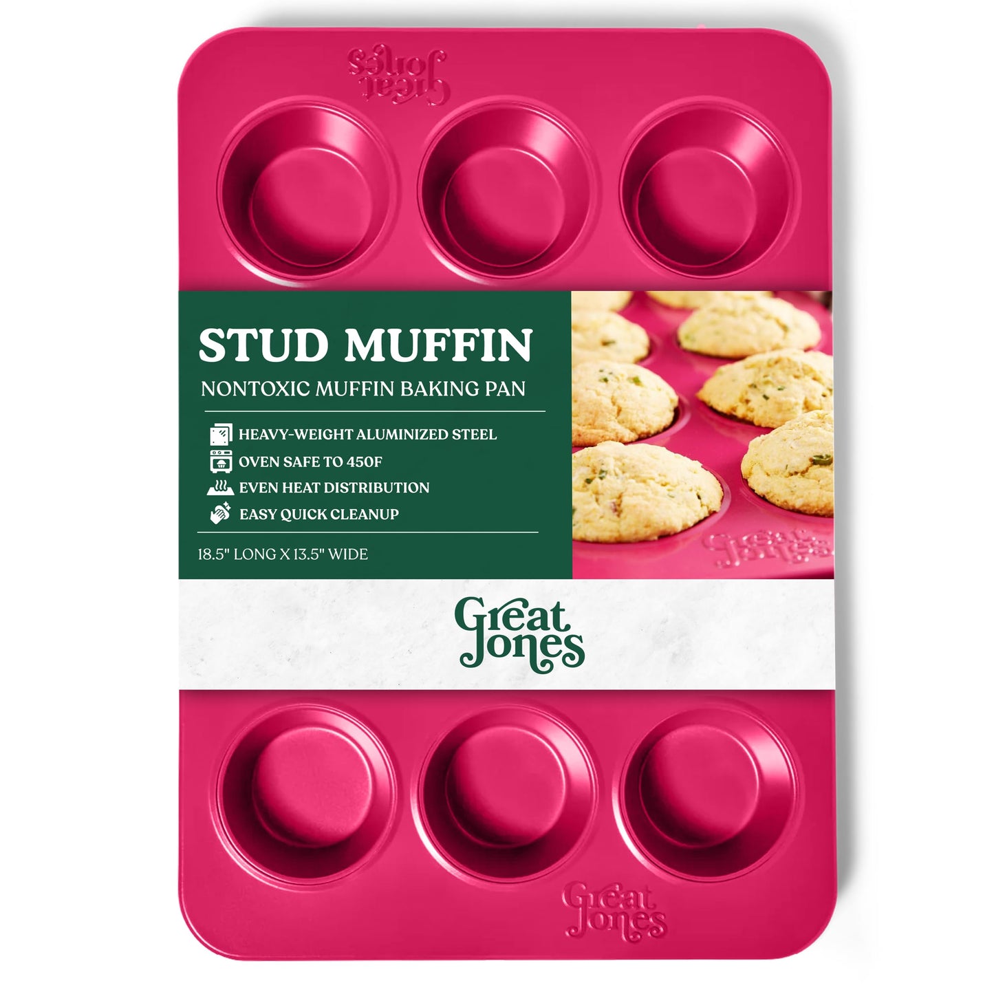 Great Jones Stud Muffin (Raspberry) | Nonstick 12-Cup Muffin Pan | Dual-Layer Nonstick Coating | Chemical-Free & Nontoxic | Oven-Safe to 450°F | Warp-Resistant & Easy Cleanup