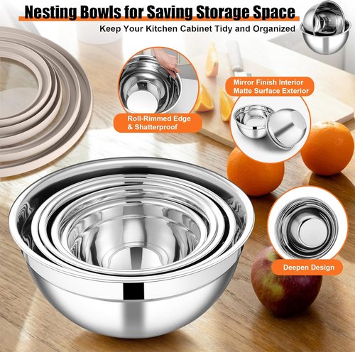 E-far Stainless Steel Mixing Bowls Set of 5 - Nesting Bowls with Transparent Lids & 3 Graters | Khaki