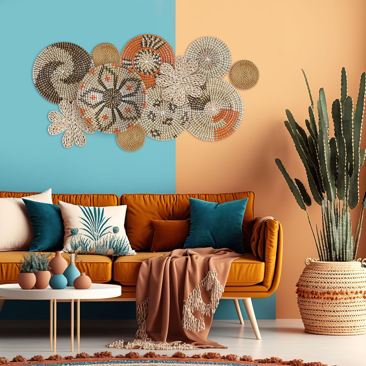 11 Pcs Boho Hanging Wall Basket Decor Handmade Woven Basket Wall Decorative Boho Wicker Baskets Placemats Round Farmhouse Bulrush Art for Rustic Home Decorations Christmas Gift(Cute)