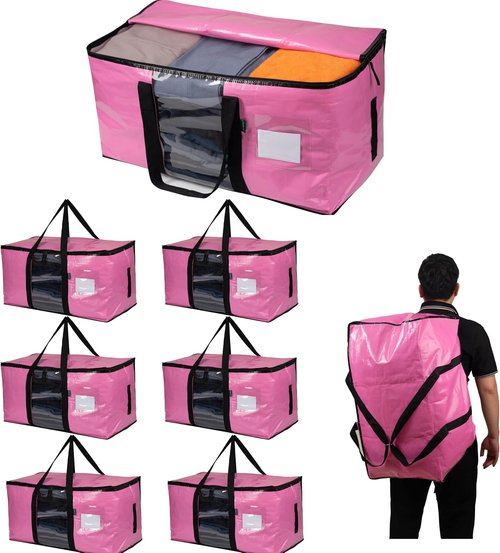 6-Pack Extra Large Moving Bags by [Brand Name] - Heavy Duty, Water-Resistant Storage Totes with Backpack Straps & Side Handles (Pink)