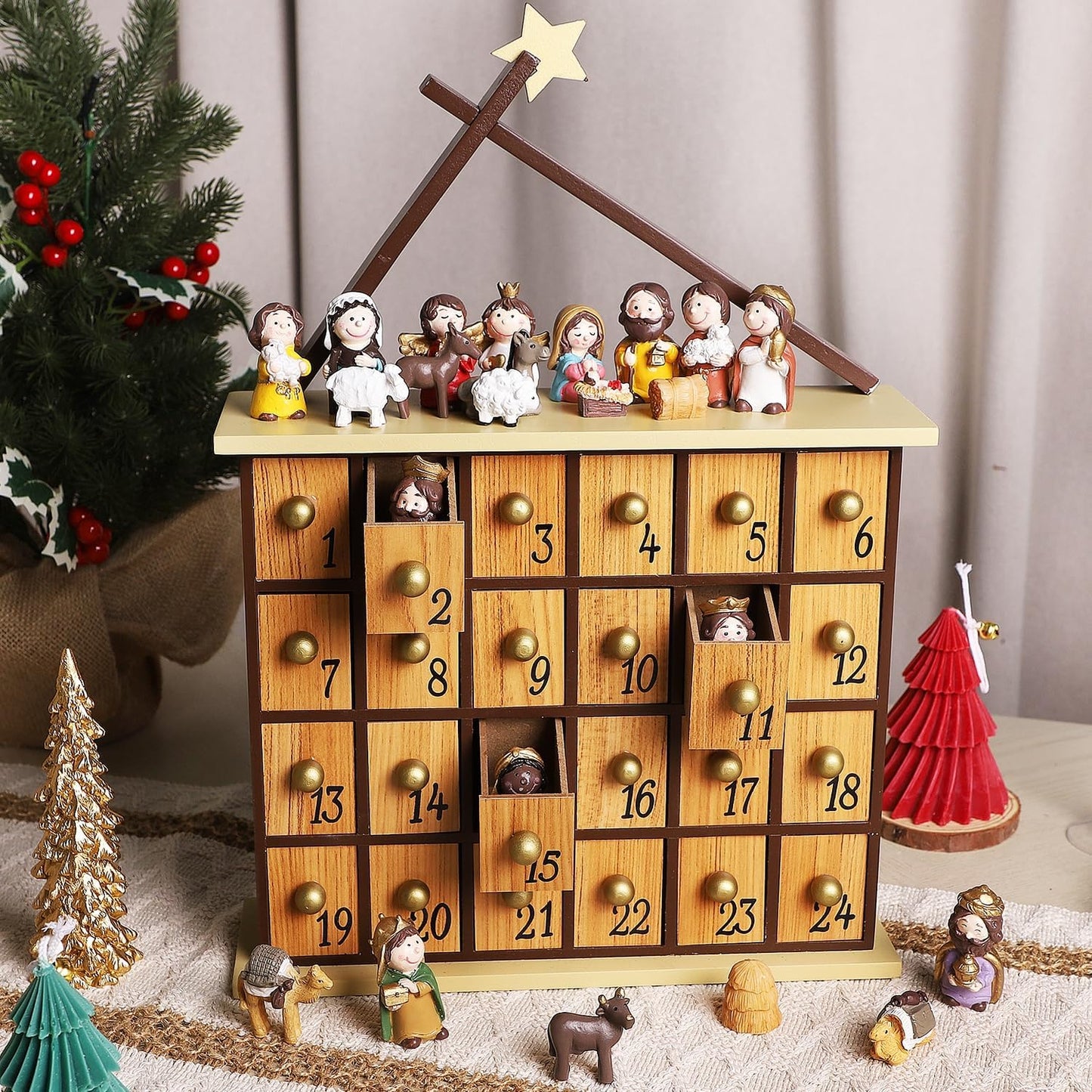Juegoal Nativity Advent Calendar - Countdown to Christmas with 24 Figures & Drawers | Perfect Holiday Gift for All Ages