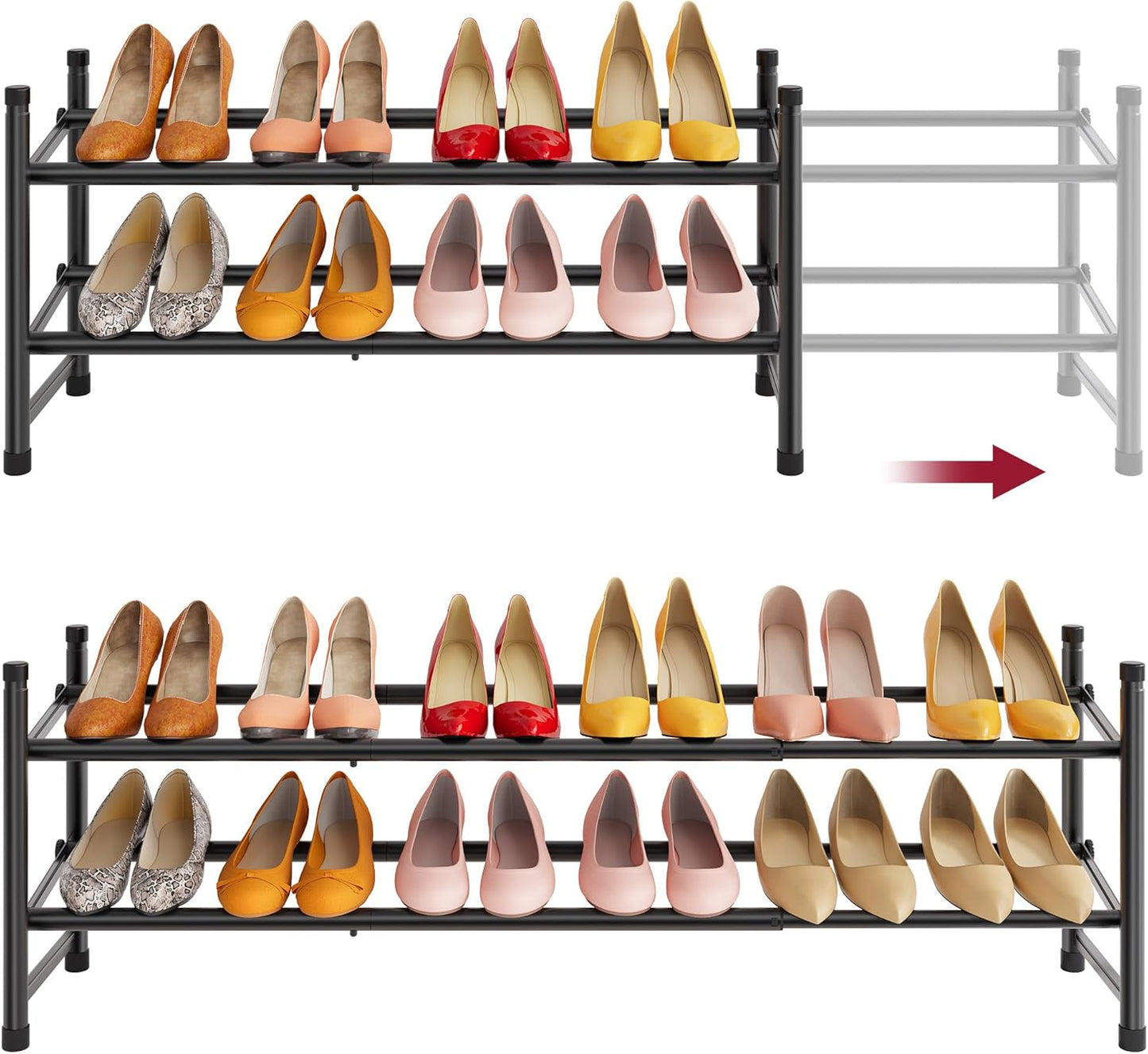 Tajsoon Expandable Shoe Rack - 2 Tier Adjustable & Stackable Metal Organizer | 28"-41" Black Storage Solution