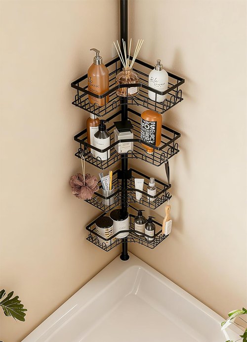 Corner Shower Caddy Tension Pole | 4-Tier Adjustable Bathtub Organizer - Space-Saving Black Design, 34in-120in