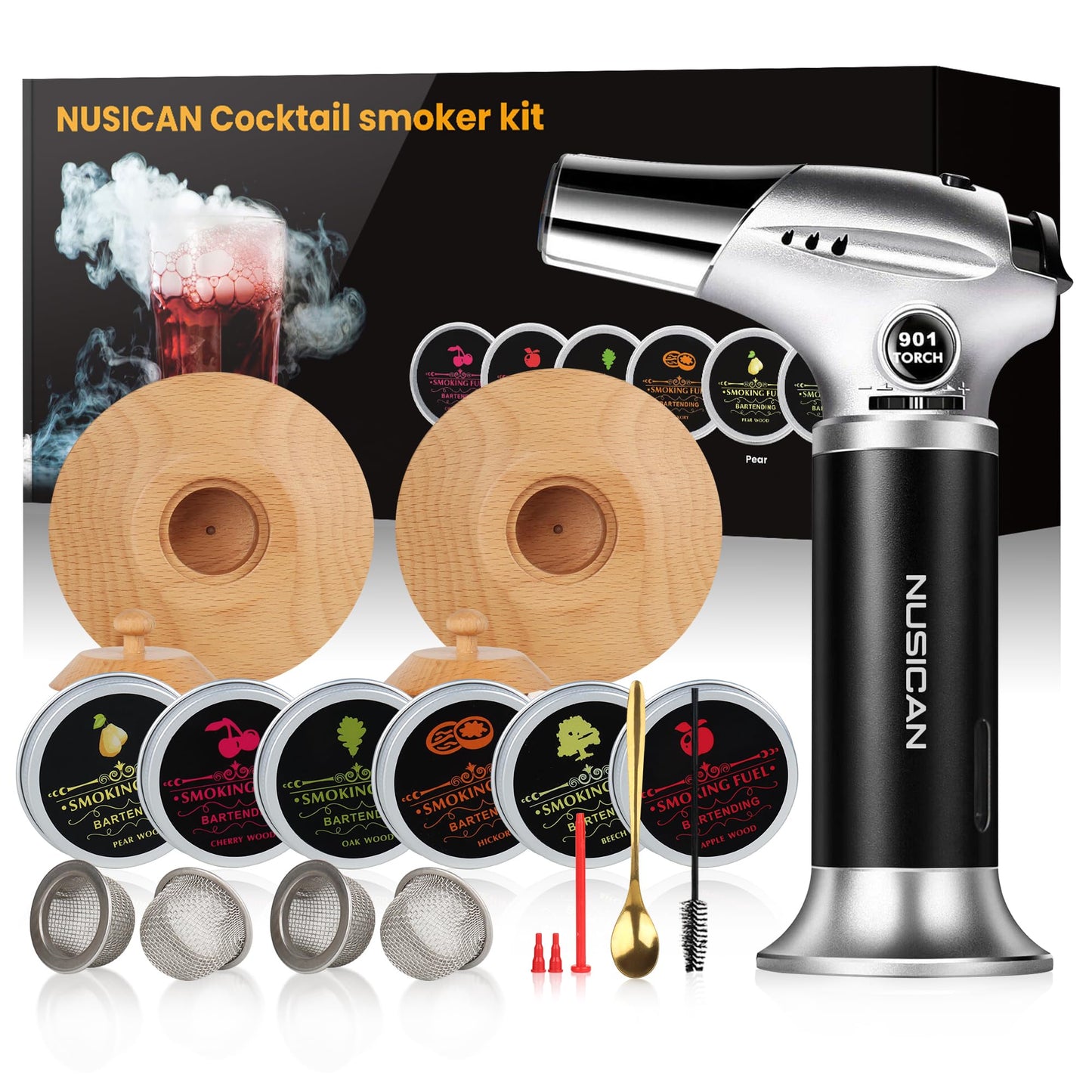 Cocktail Smoker Kit with Torch, 6 Flavors Wood Chips for Whiskey and Bourbon, Old Fashioned Smoker Kit for Infused Cocktail, Cheese, Salad and Meats, Gifts for Men, Dad and Boyfriend (No Butane)