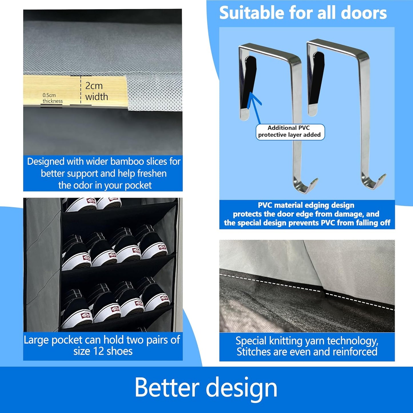 Skiennix Shoe Organizer - 70 lbs Capacity | 20-30 Pair Over The Door Rack - 10 Tiers, Grey/Black