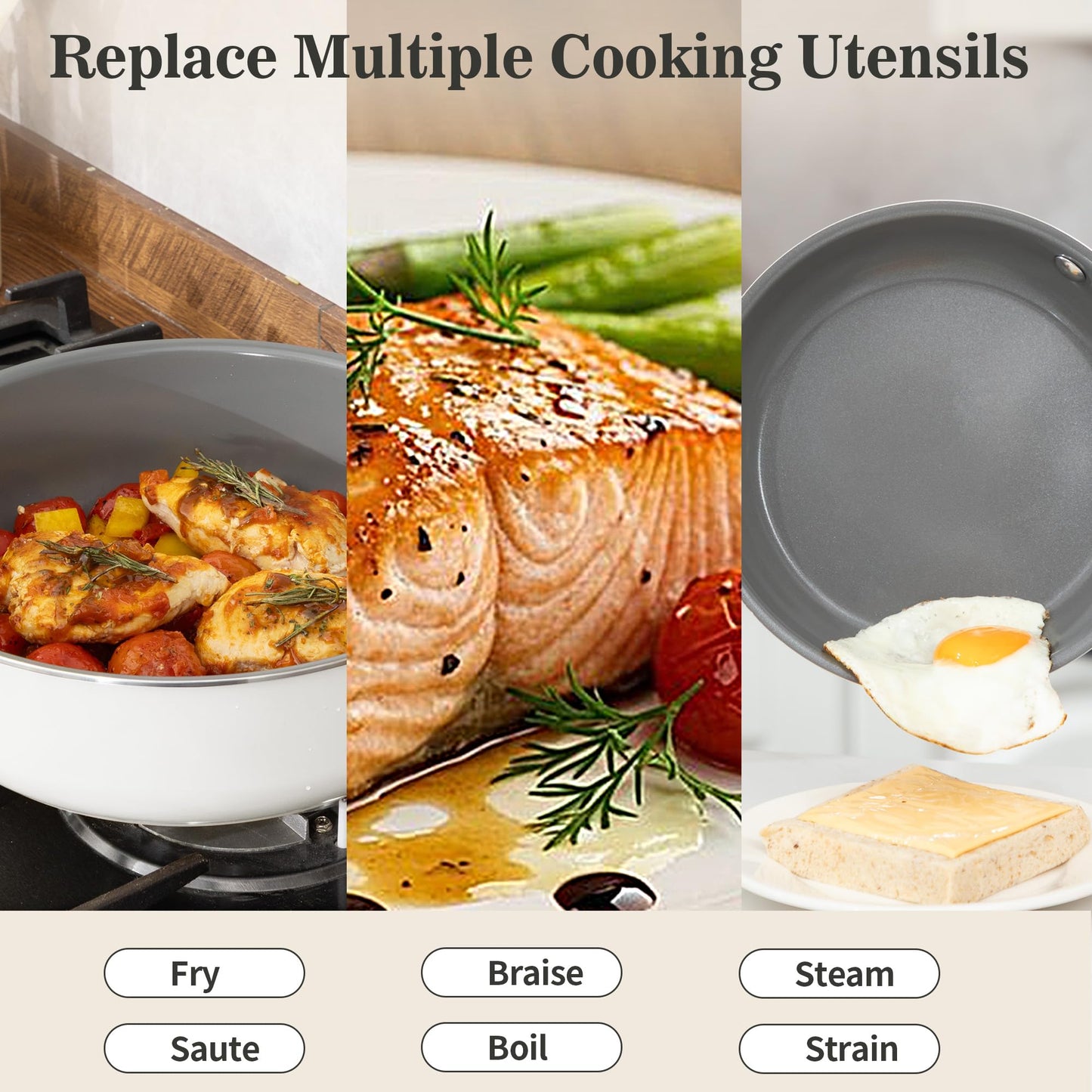 MOSIECH 10-Inch Ceramic Non-Stick Cookware Set, 8-in-1 Multifunctional Cookware, Interior & Exterior Ceramic Coating, PFAS/PTFE/PFOA-Free, Compatible with All Stovetops， Oven-Safe up to 450°F