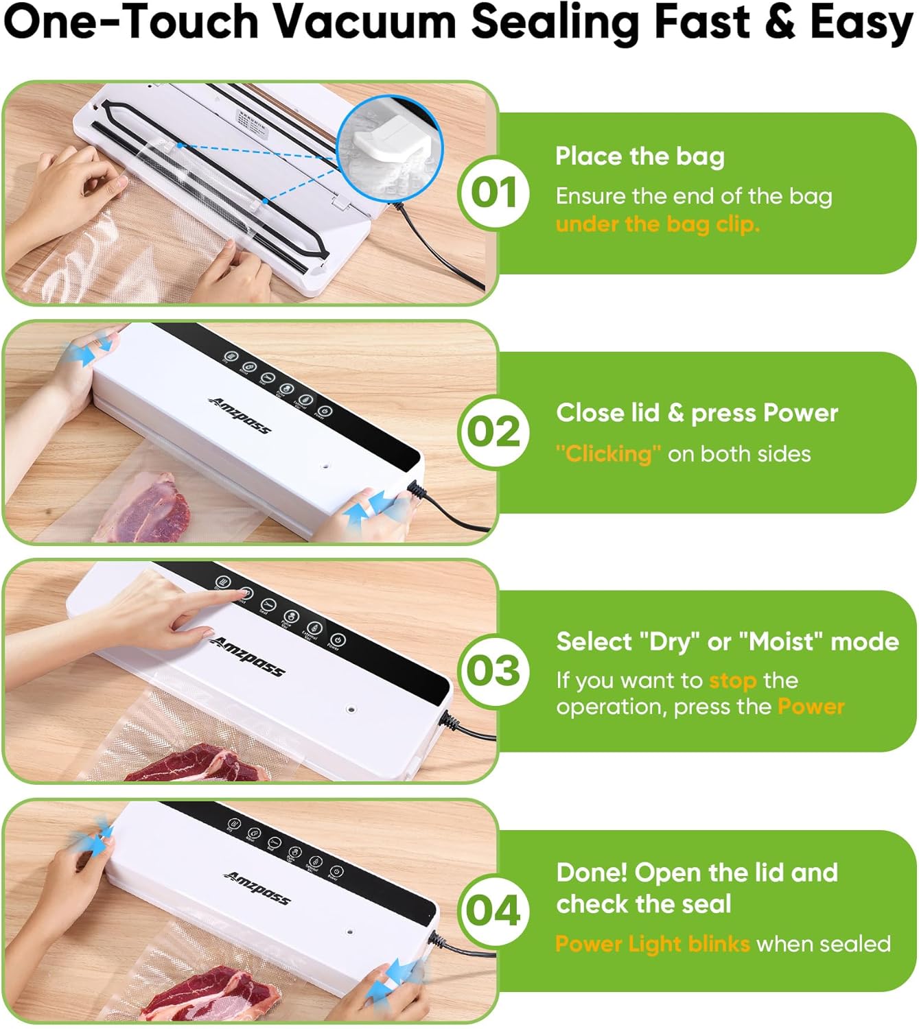 Skiennix Vacuum Sealer - 6-in-1 Food Preservation Machine with 80kPa Suction Power | Compact Design, 10 Bags Included, White