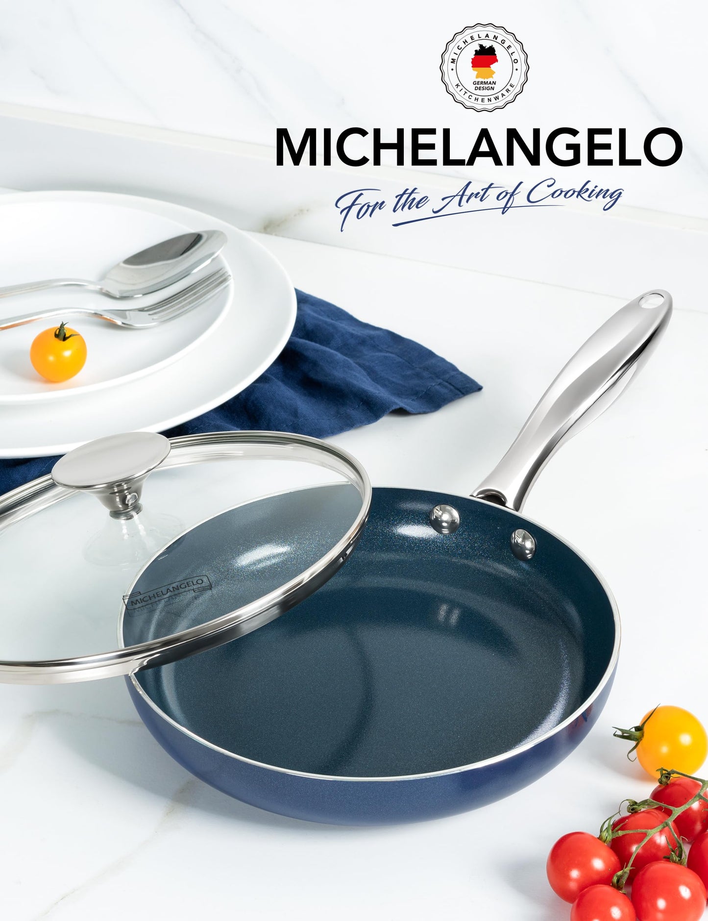 MICHELANGELO Small Frying Pan - 8 Inch Nonstick Frying Pan with Lid, Non-Toxic Omelette Pan with Stainless Handle, Nonstick Skillet, Blue-Ceramic