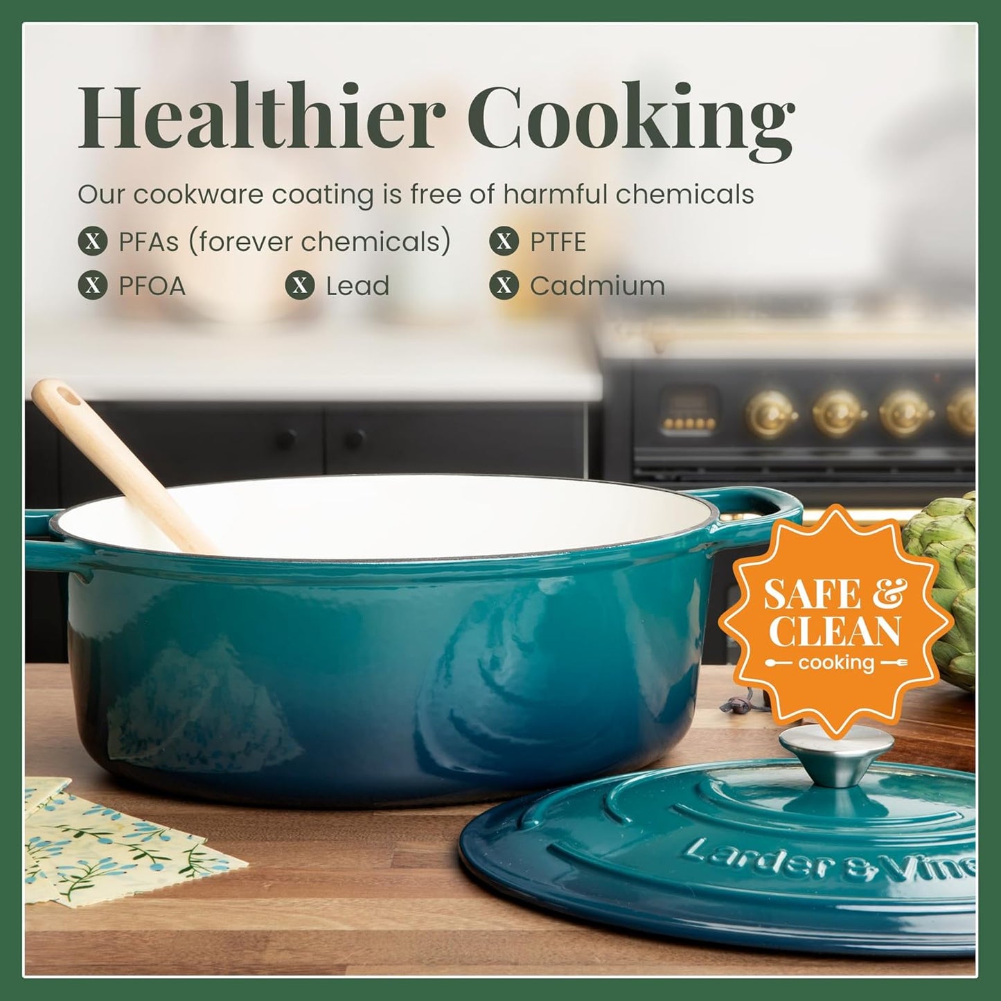 Larder & Vine Enameled Cast Iron Dutch Oven - 8 Qt | Ideal for Baking Sourdough Bread | Oven Safe to 500°F | Bondi Color