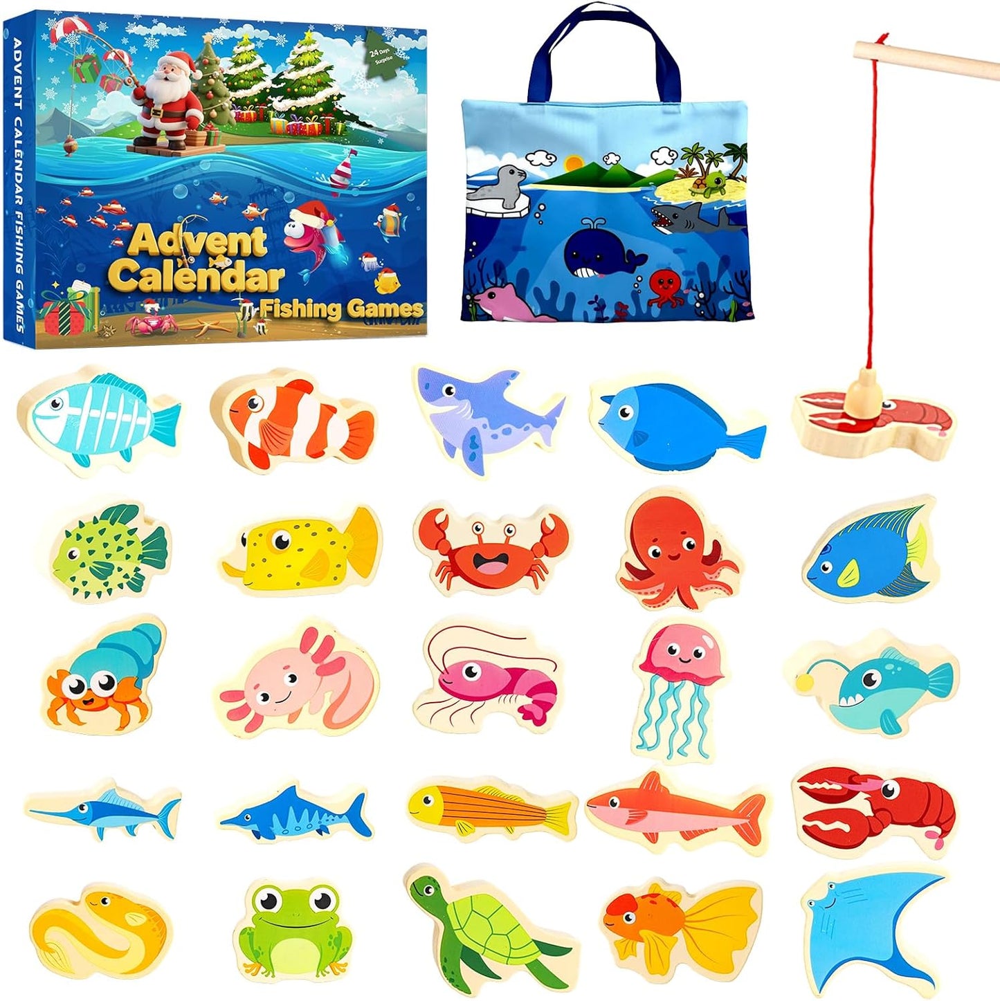 Skiennix Fishing Advent Calendar 2026 - 24-Day Wooden Countdown for Kids | Fun Marine Learning Gift