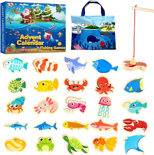 Skiennix Fishing Advent Calendar 2026 - 24-Day Wooden Countdown for Kids | Fun Marine Learning Gift
