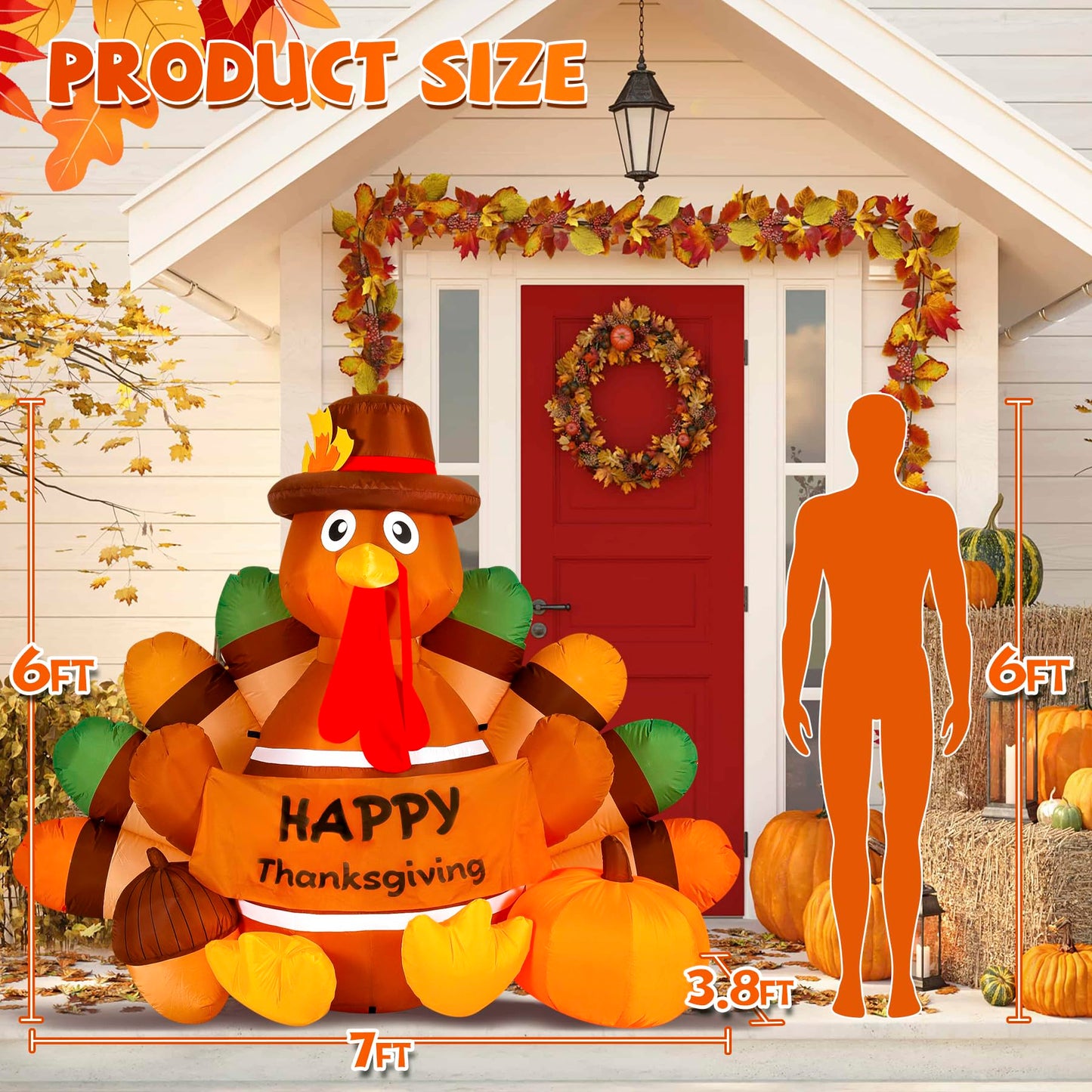 Loninak 6 Ft Thanksgiving Inflatable Decoration, Happy Thanksgiving Turkey Built-in LED Lights, Outdoor Blow Up Yard Fun Decor, for 2025 Halloween Lawn Decor