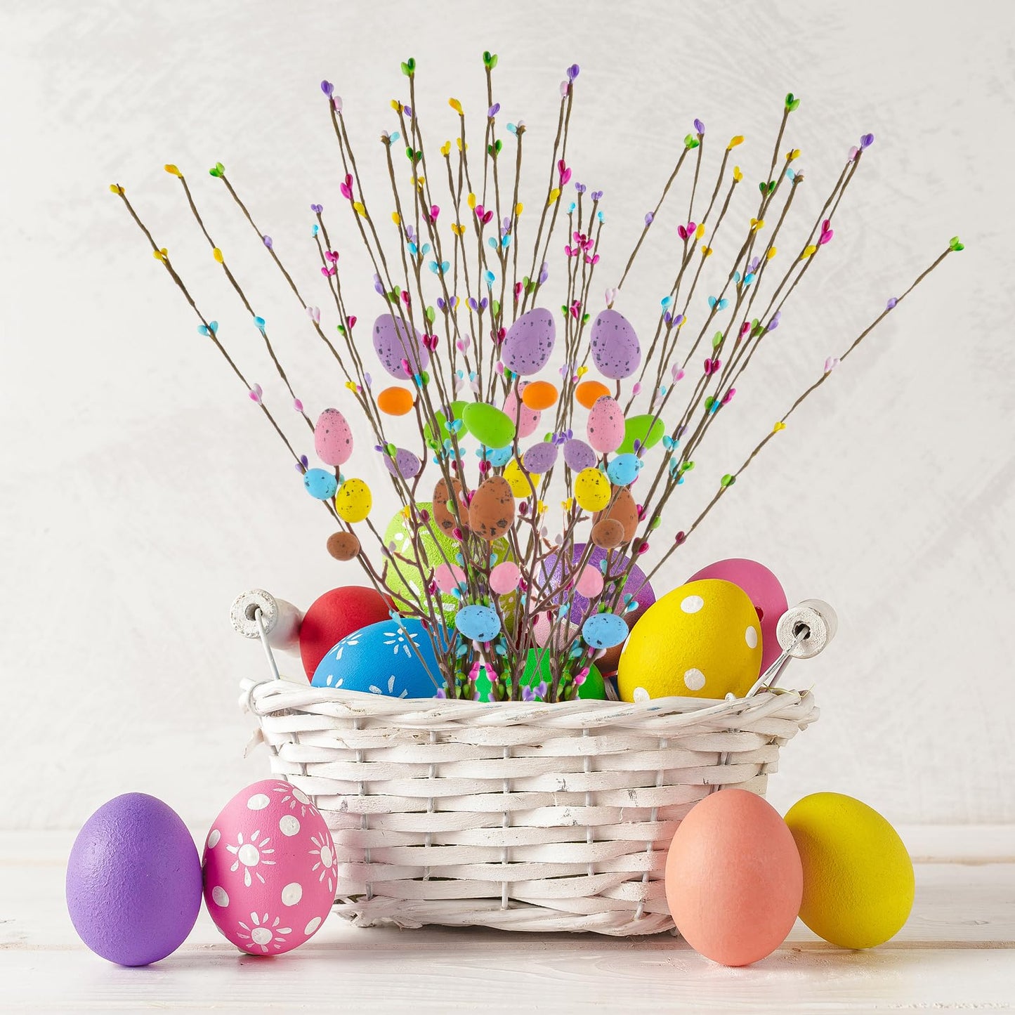 Draupnir 48PCS Artificial Easter Spray Vine, Pastel Easter Eggs and Berries, Easter Egg Twig Branches, Easter Egg Branches for Easter Home Decoration and Flower Arrangement