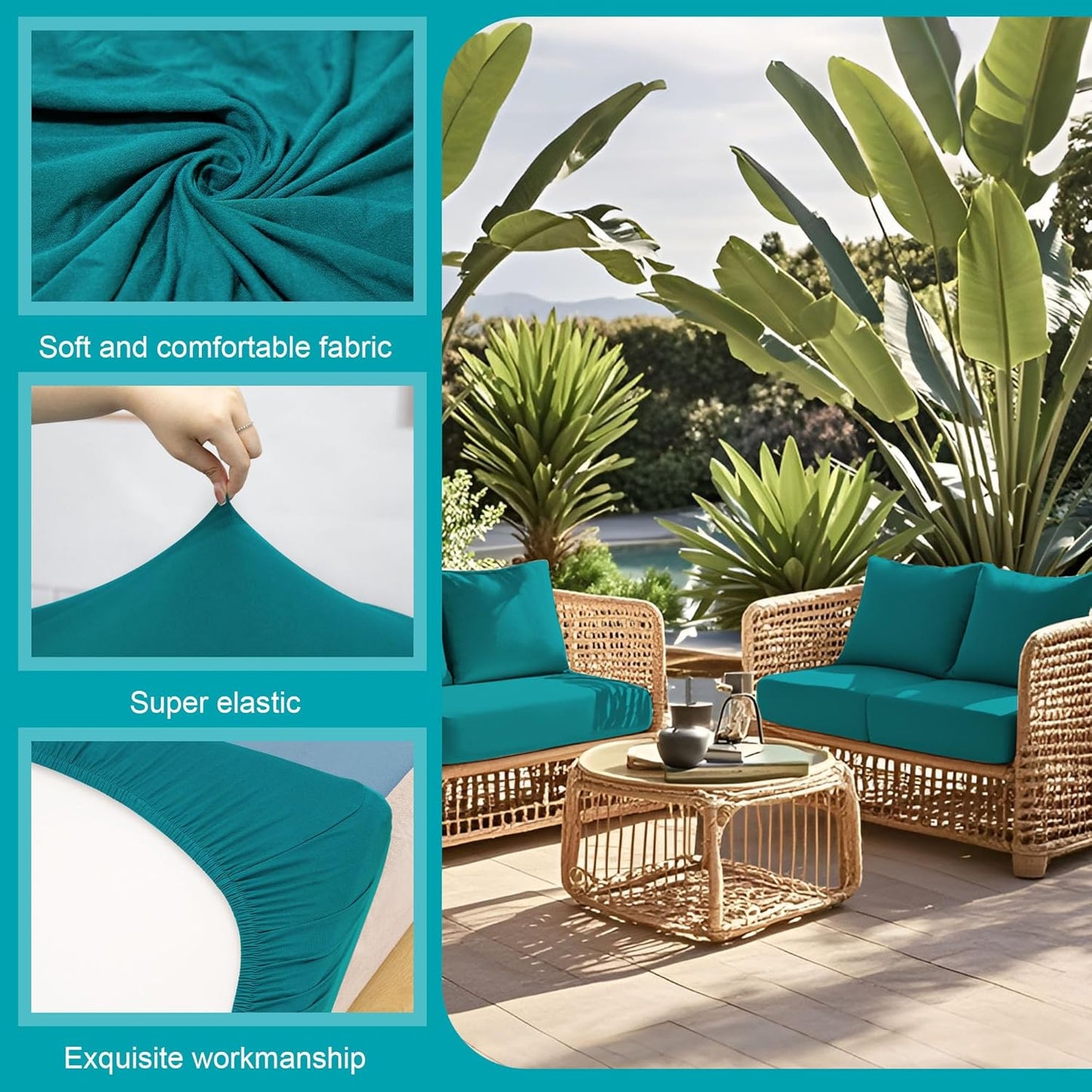 Skiennix 14 Pcs Stretch Patio Cushion Covers - Washable Outdoor Sofa Slipcovers | Peacock Blue
