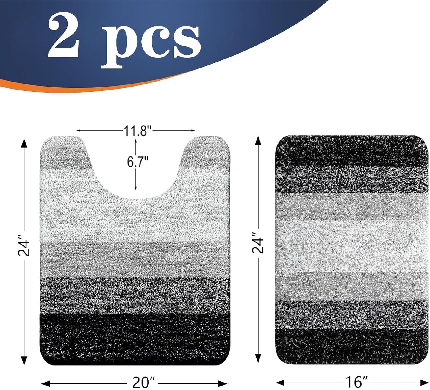 OLANLY Bathroom Rug Set - Soft Absorbent Microfiber Mats & U-Shaped Toilet Rug | Non-Slip, Black (24"x16" + 24"x20")