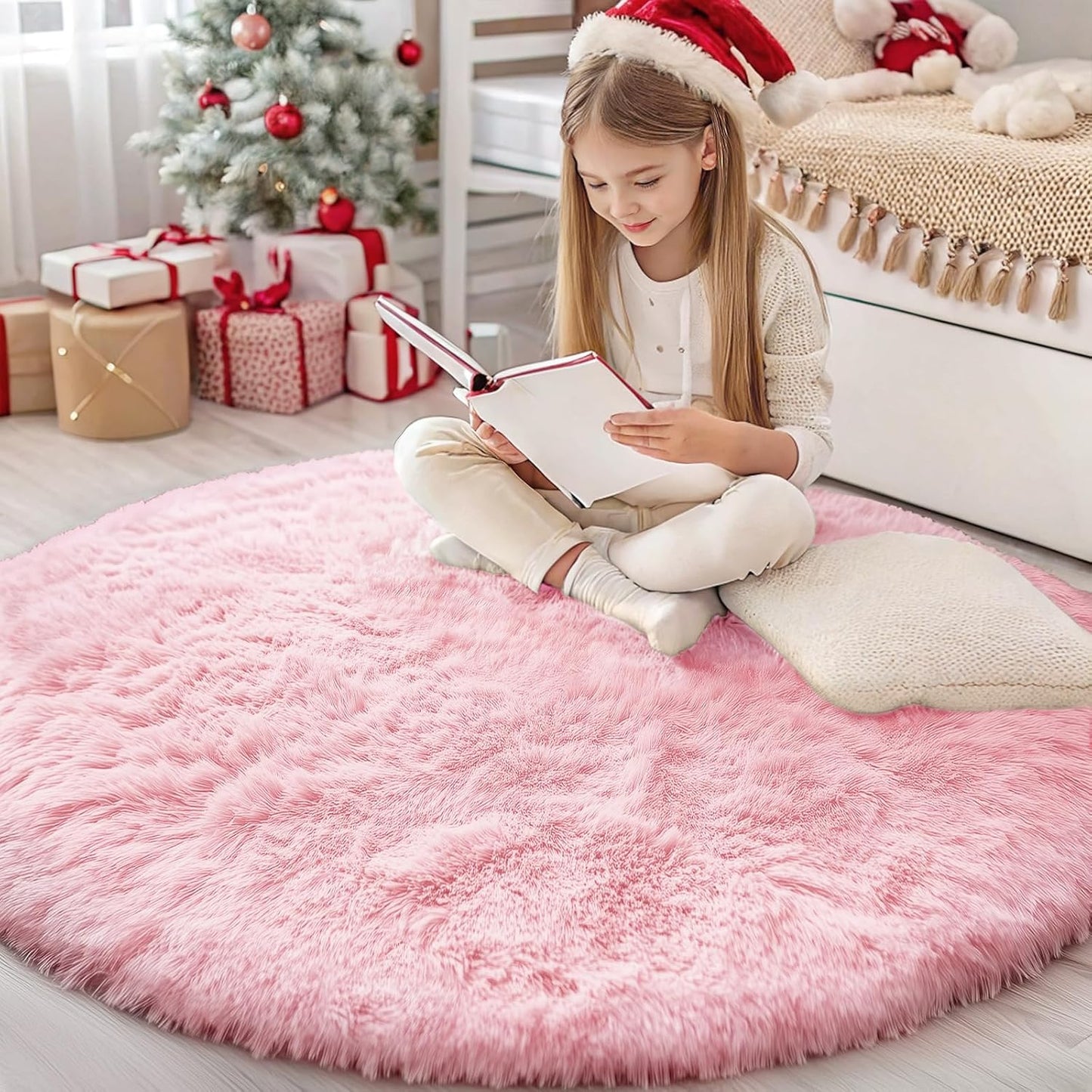 OLANLY Pink Round Rug - Soft & Fluffy Shaggy Carpet, 4 ft Circle Area Rug for Bedroom & Living Room