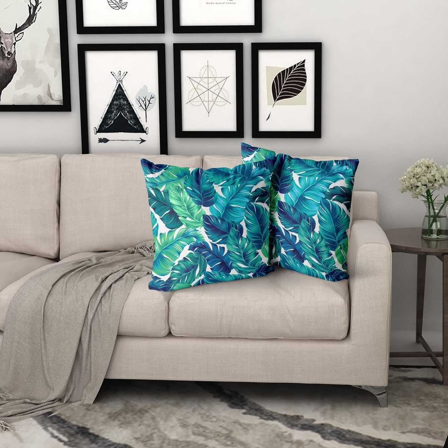 Sweetshow Tropical Leaves Pillow Covers - Set of 2 Green Palm Leaf 12x12 Inch Soft Cotton Cushion Covers for Home Decor