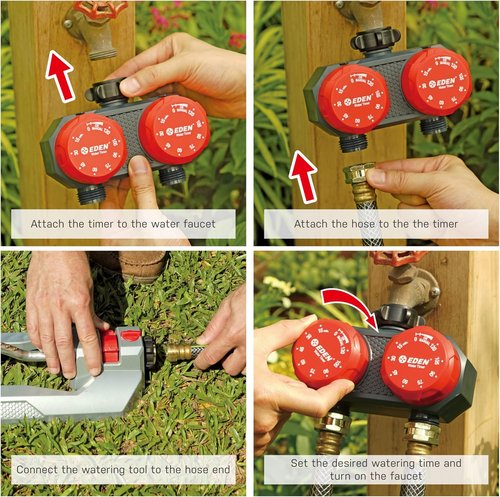 Eden 25124 Mechanical Watering Timer - 2-Zone Control for Efficient Garden Irrigation | Red & Grey