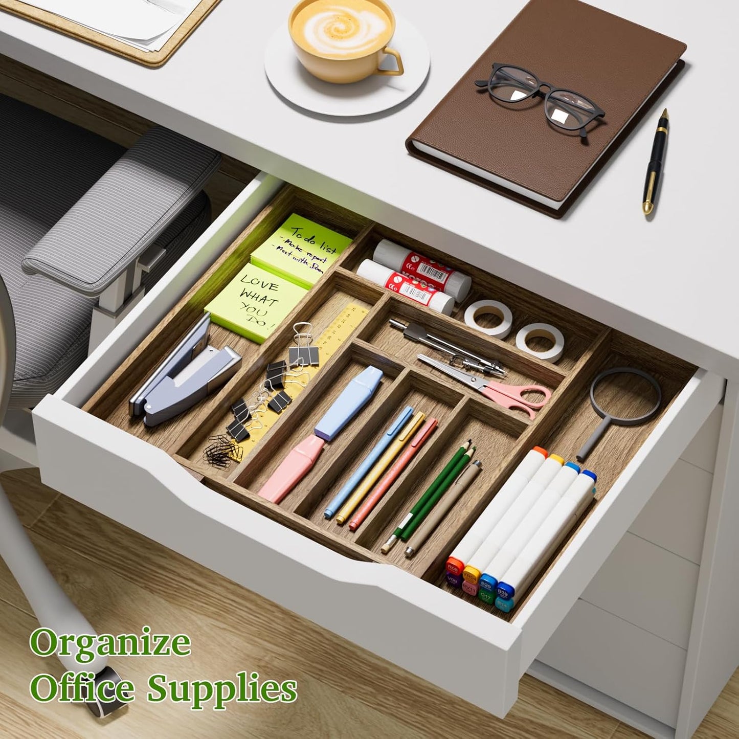 Kiasthome Acacia Wood Silverware Drawer Organizer - Expandable Utensil Tray with Dividers | 13''-21''x16.9'' (6-8 Slots)