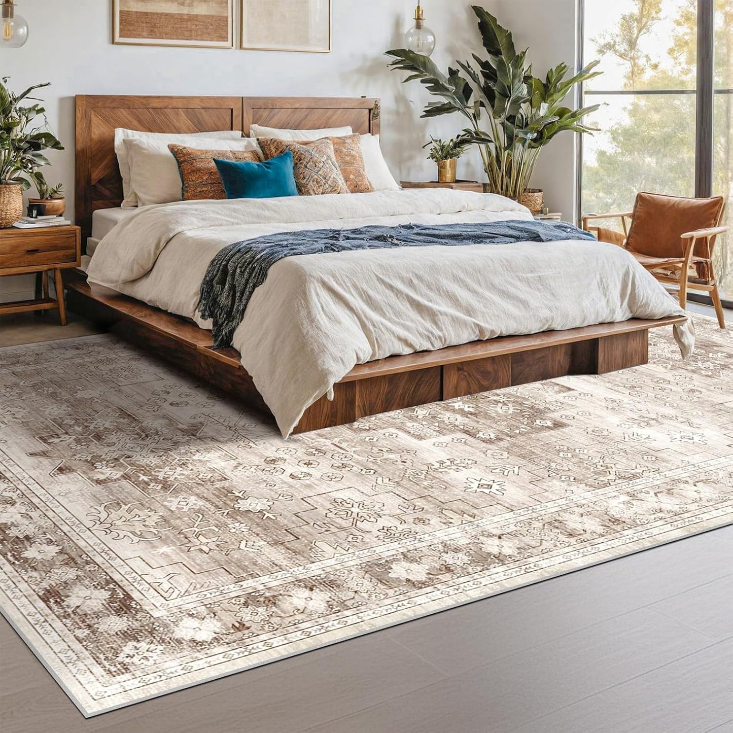 Skiennix Washable Area Rug - Large 8x10 Boho Vintage Floral Design | Non-Slip & Stain Resistant (Beige/Latte)