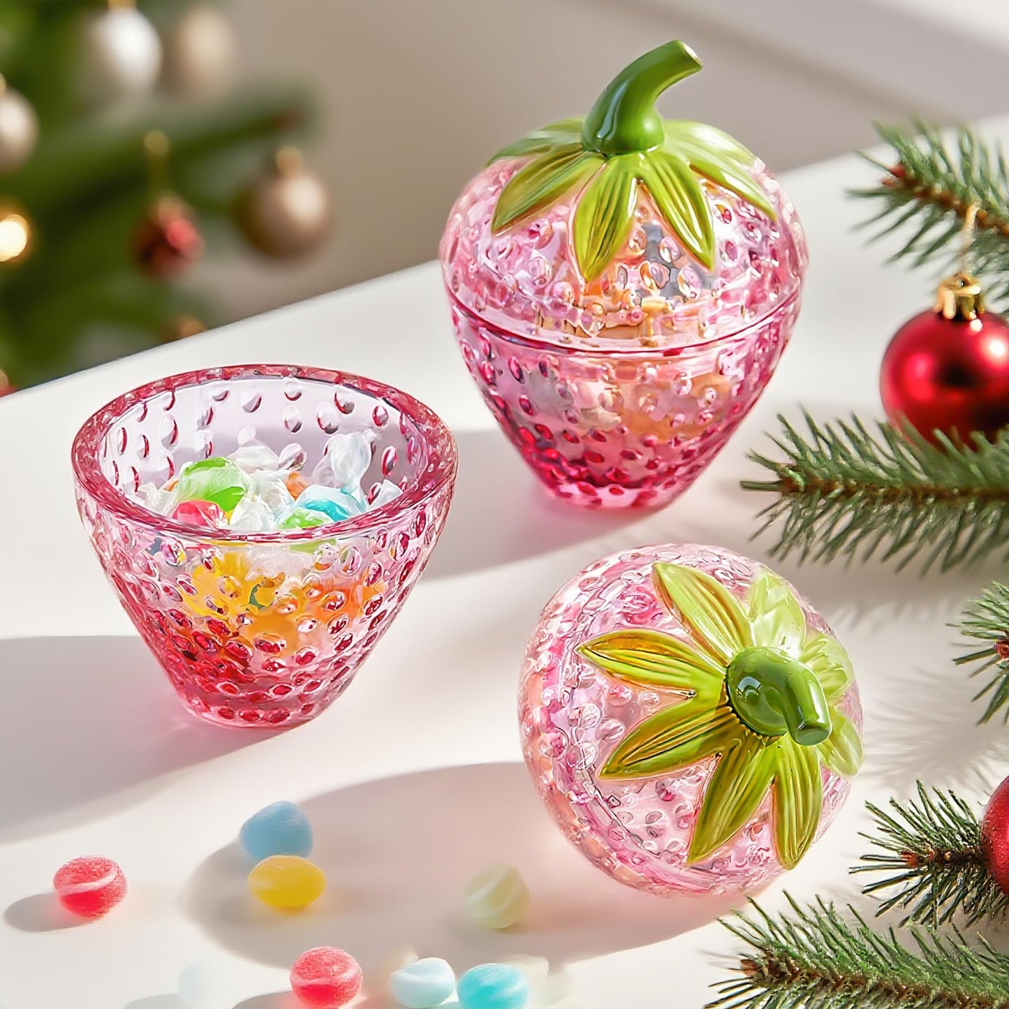kanpura Pink Strawberry Candy Jar with Lid Small Cute Crystal Candy Dish Set of 2 Glass Decorative Container for Sugar, Cookie, Nuts Valentines Day Gift for Women (3.5 oz)