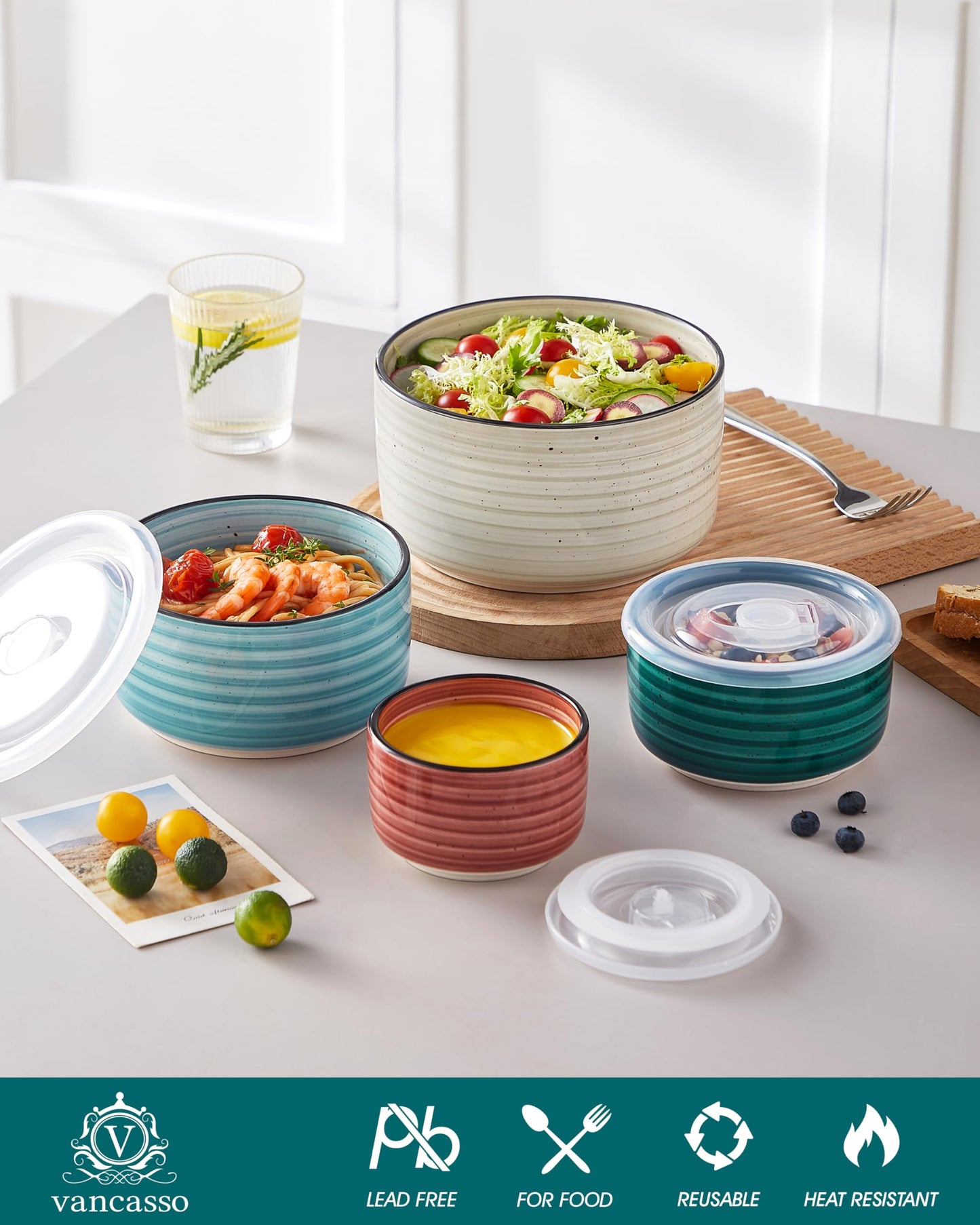 vancasso Ceramic Serving Bowls With Lids Set of 4, Airtight Nesting Bowls for Food Storage, Meal Prep, Leftovers, Microwave and Dishwasher Safe, 60/36/20/10 oz