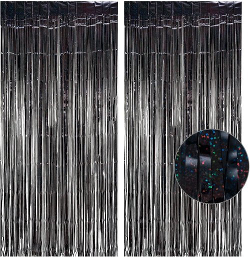 GREATRIL Black Tinsel Curtain Backdrop - Foil Fringe Streamers for Birthday & Halloween Decor - 1m x 2.5m | Pack of 2