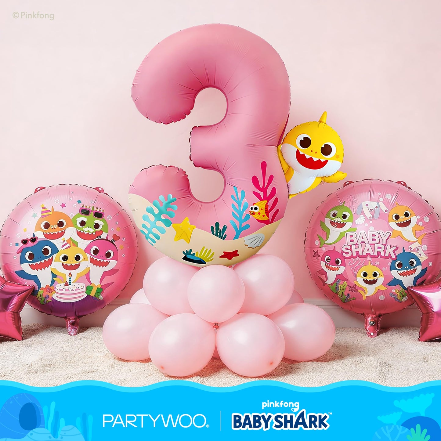 PartyWoo Baby Shark Pink Foil Number 3 Balloon 40 Inch Pink Mylar Helium Birthday Number Balloons for Girls and Boys Baby Shark Under the Sea Ocean Theme Kids Third Birthday Party Decorations