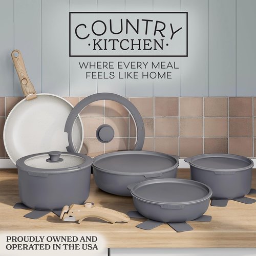 Country Kitchen Cookware Set - Removable Handle, Oven & RV Safe Pots and Pans, Grey/Ivory