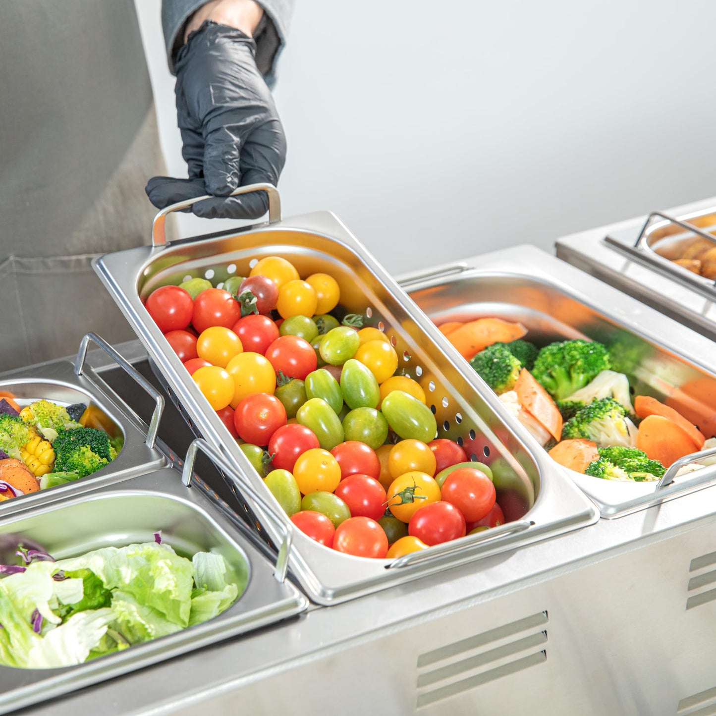 Restaurantware One Third (1/3rd) Perforated Steam Table Pan - 2.5" Deep - Collapsible Handles - Anti Jam - Commercial Grade Stainless Steel - 1ct Box - Met Lux