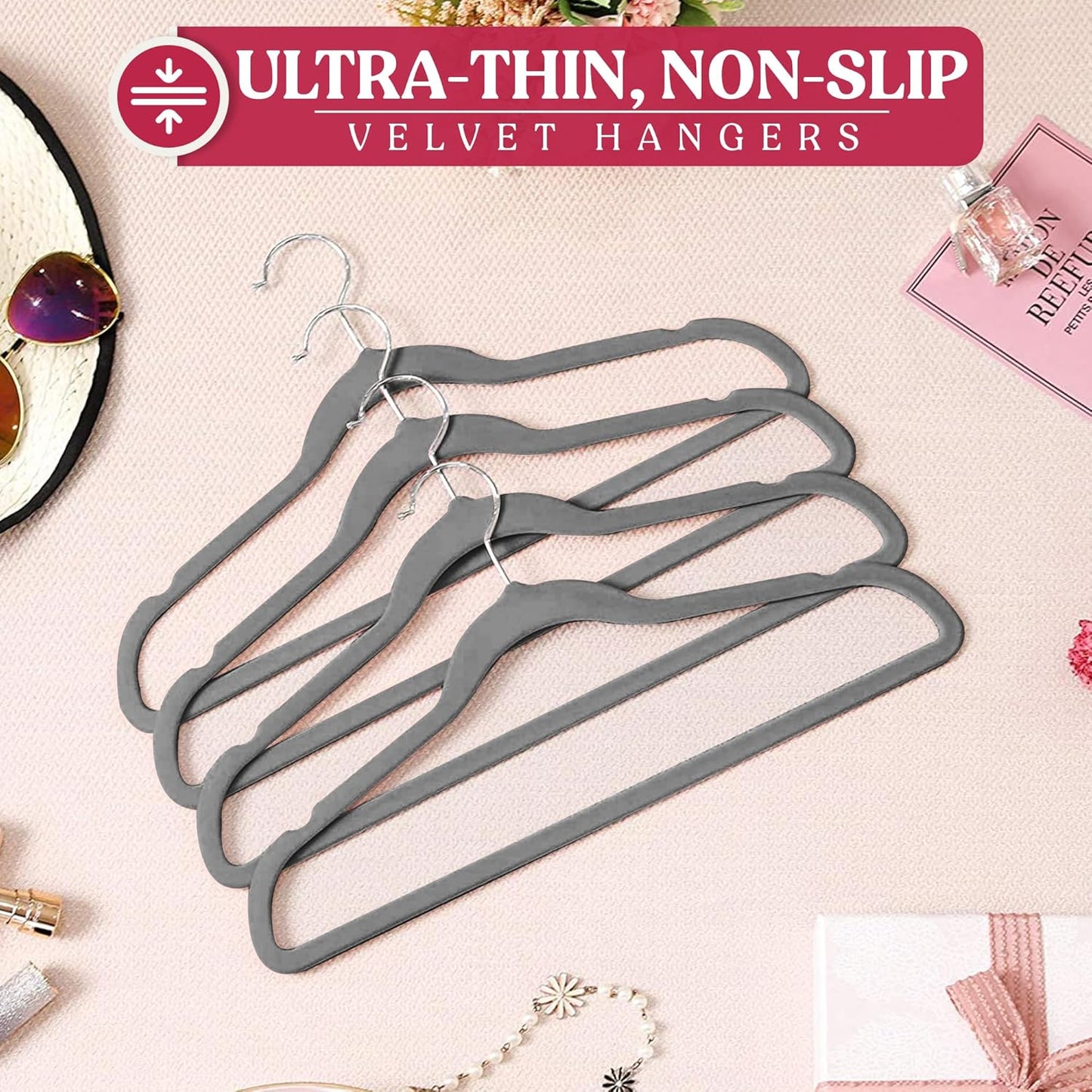 LDC Grey Velvet Hangers 30 Pack - Premium Non-Slip Space-Saving Felt Hangers with 360° Swivel Hook - Grey