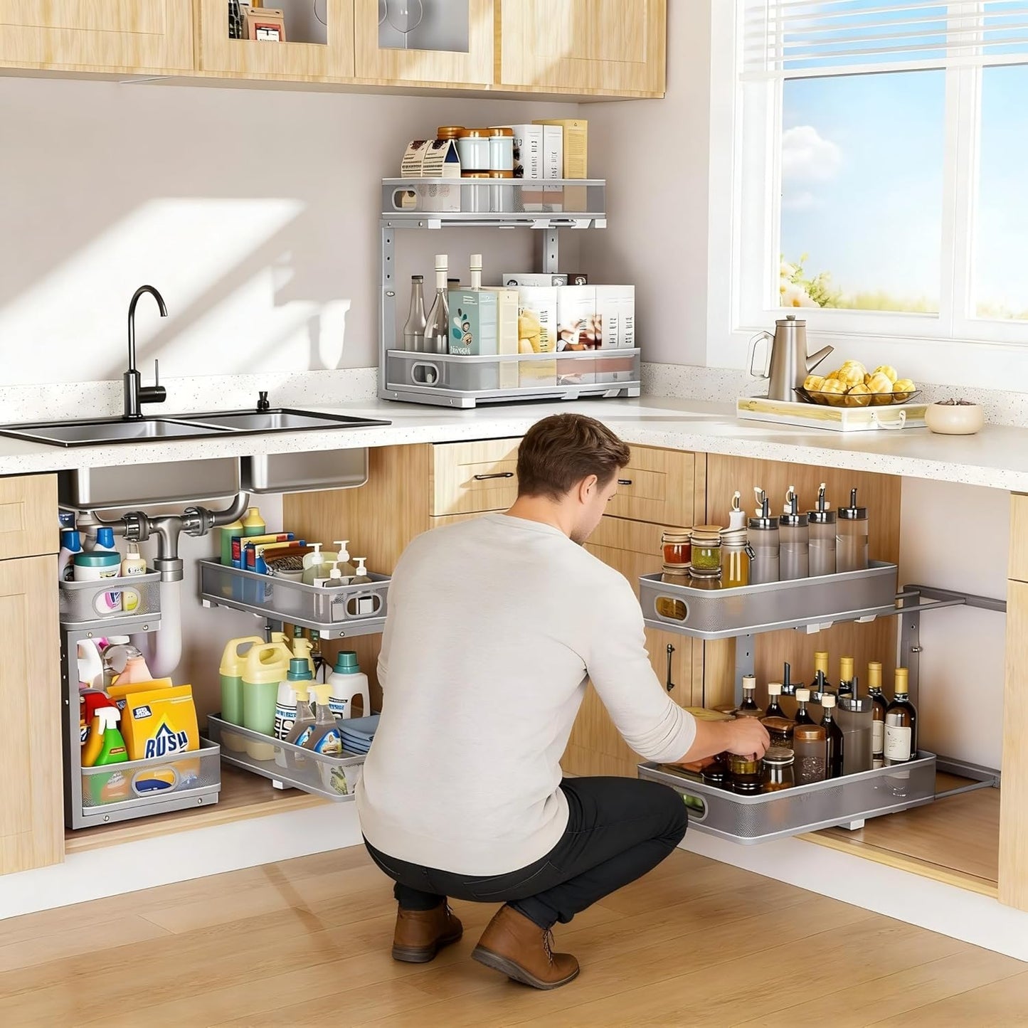 Under Sink Organizer - Adjustable 2-Tier Storage Solution | 2-Pack Metal Pull-Out Drawers for Kitchen & Bathroom