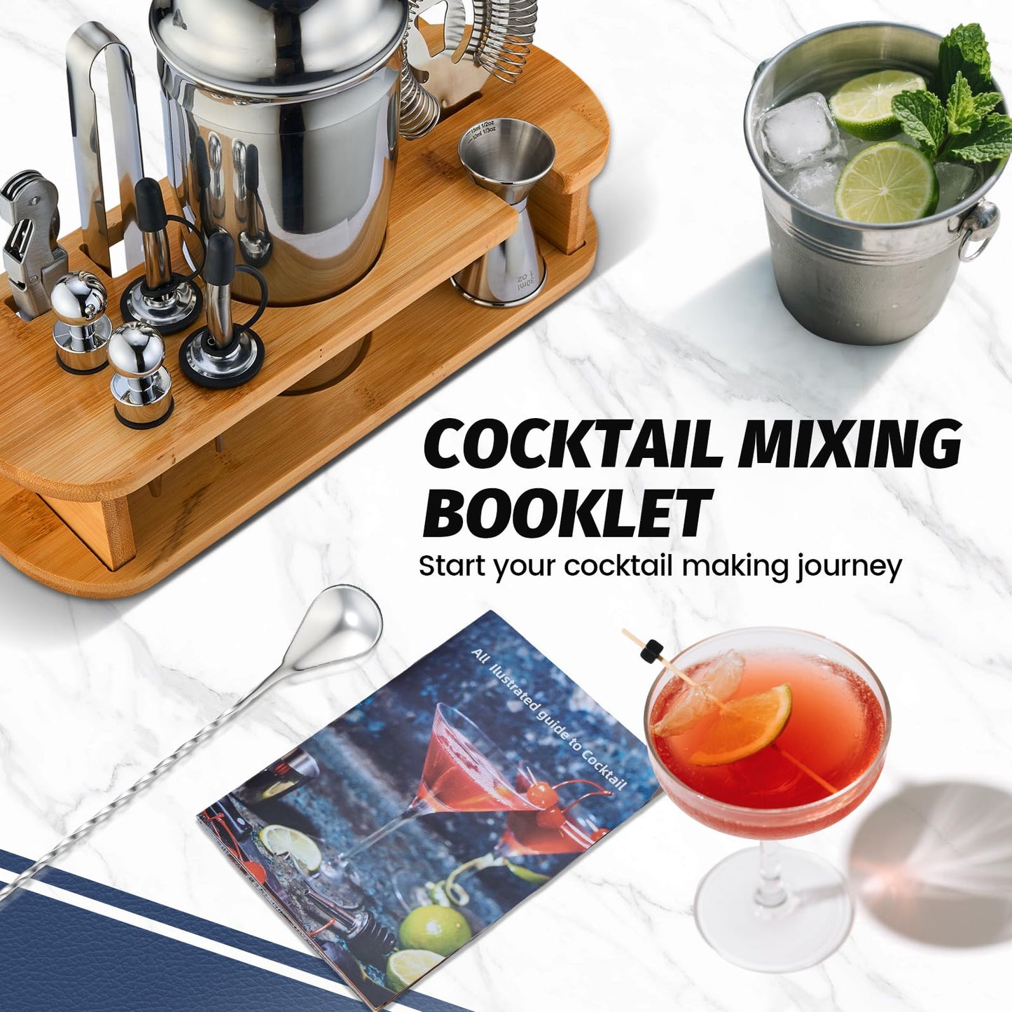 Cocktail Shaker Set Bartender Kit: 13-Pcs Bar Tools Set with Bamboo Stand, Essential Bar Accessories for Home: 25oz Martini Shaker, Jigger, Bar Spoon, Professional Cocktails Kit for Drink Mixing |Gift