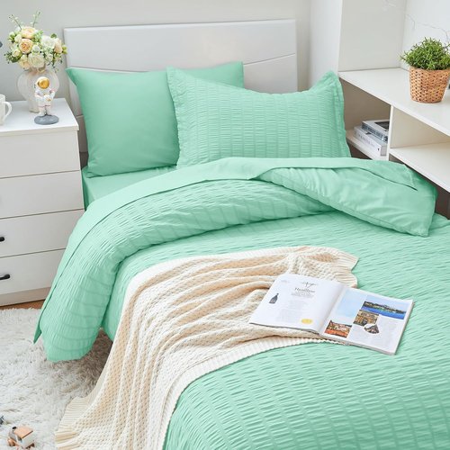 HYMOKEGE Twin XL Comforter Set - Mint Green Seersucker 5-Piece Luxury Bedding Set | All-Season Comfort