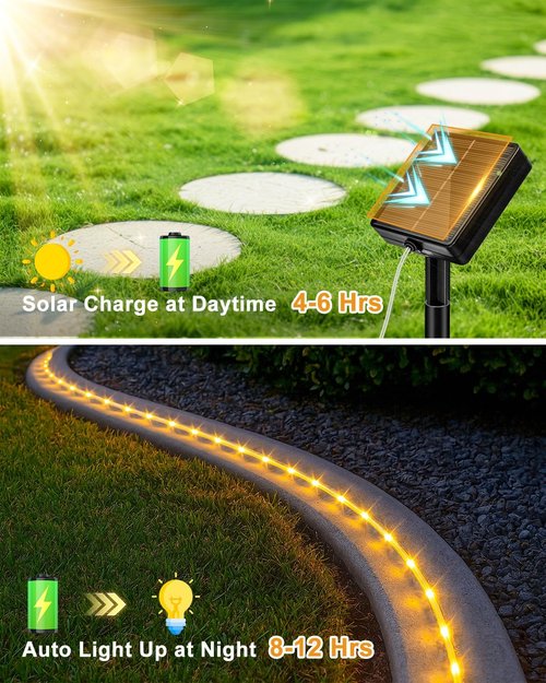 Btfarm Solar Rope Lights - 120 LED 46FT Waterproof Outdoor String Lights | 8 Lighting Modes for Garden, Patio, Wedding Decor - Warm White