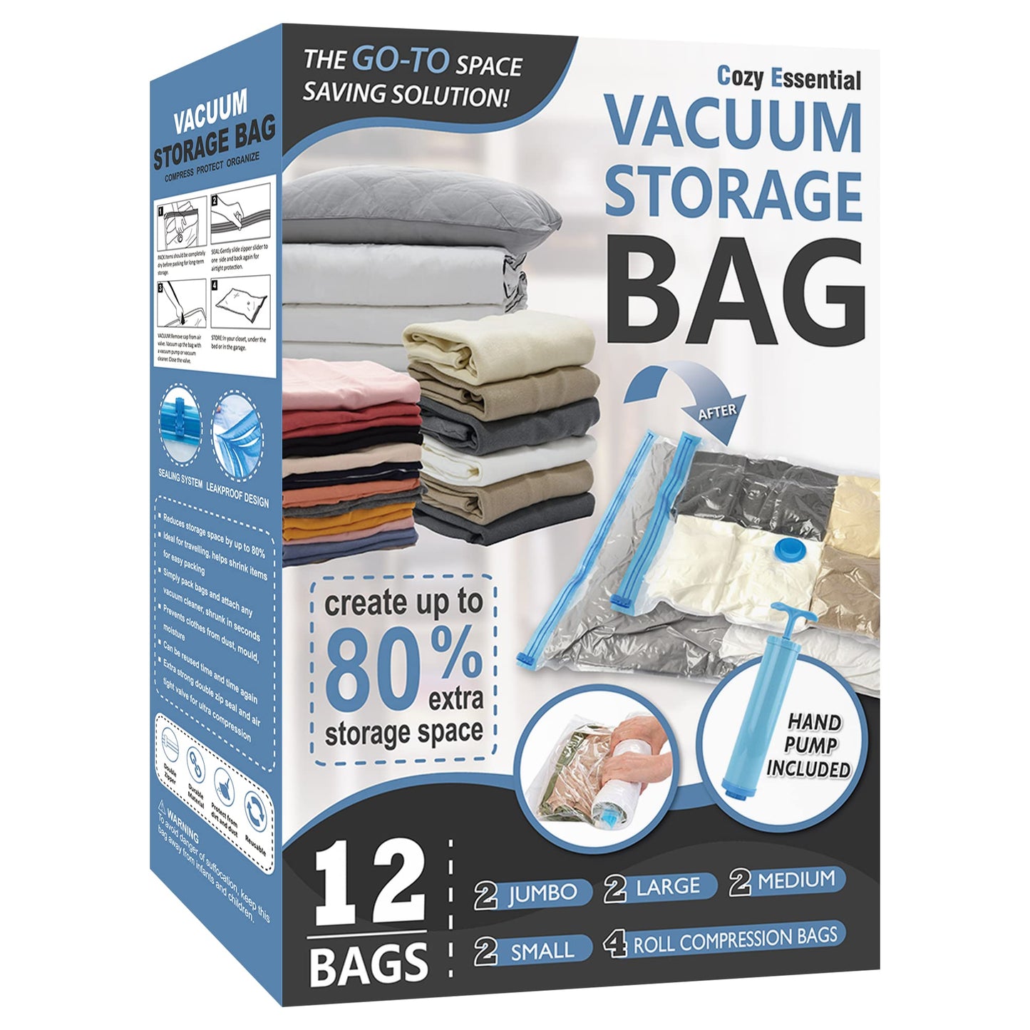 Cozy Essential Vacuum Storage Bags, 80% Compression Vacuum Seal Space Saver Plastic Packaging Bags for Clothes, Blankets, Pillow, Bedding, Comforters, Sealer Clothing Storage,16 Combo
