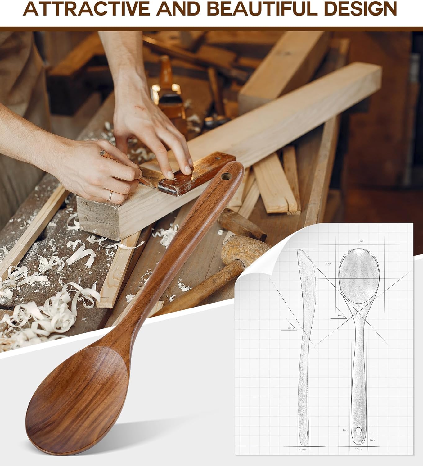 Skiennix Wooden Cooking Spoons - Premium Teak Utensils with Good Grip | Heat Resistant & Nonstick Safe