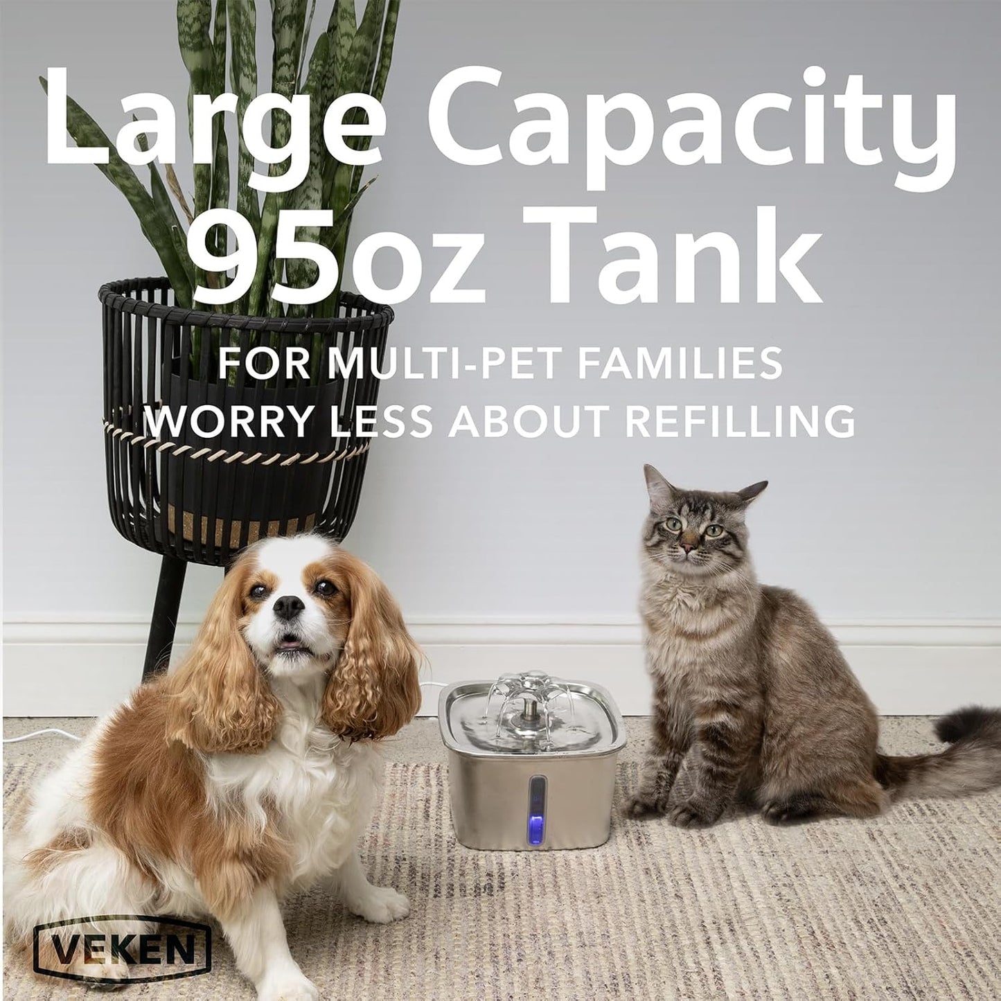 Veken Stainless Steel Cat Water Fountain - 95oz Automatic Pet Dispenser with Filters & Mat | Silver