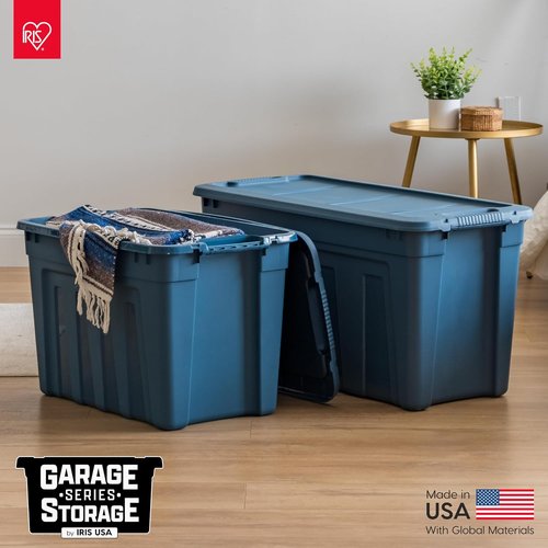 IRIS USA 31 Gallon Eco-Friendly Storage Totes - Heavy Duty, Easy-Grip Handles, 4 Pack | Durable Navy Bins with Lids