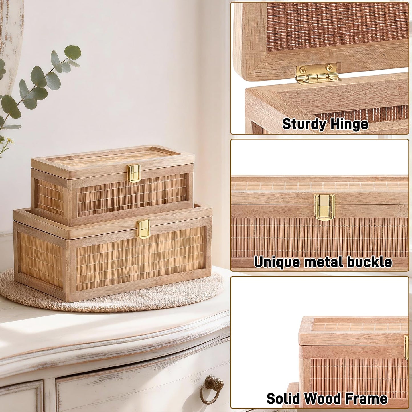 HuiDao Rattan Decorative Box, Boho Display Boxes with Lids, Set of 2 Rectangular Wicker Storage Basket, Natural Woven Cane Bins for Home Decor (Rectangular)