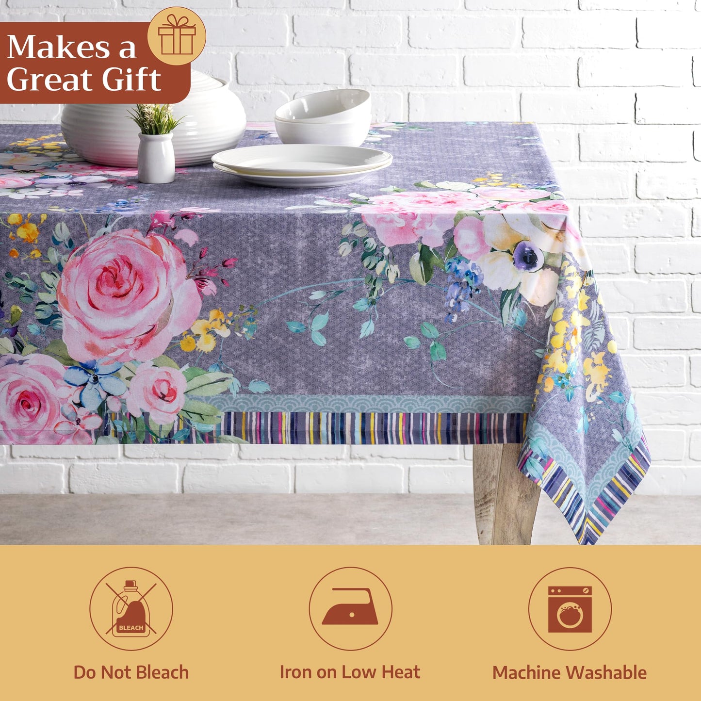 Maison d' Hermine Table Cloth Square Table 100% Cotton 60 x 60 Inches Tablecloth Reusable Decorative for Dining Kitchen Farmhouse Home Gifts for Mothers Day Spring Summer- Sweet Rose Lavender - Lush