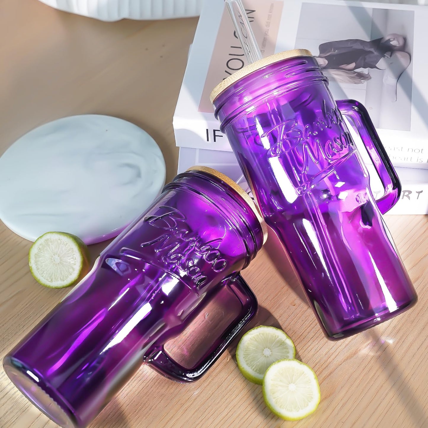 ANOTION Glass Cups with Handle, 24oz Glass Cups with Lids and Straws Travel Coffee Mug Bamboo Mason Jar Iced Cup Smoothie Tea Clear Cute Water Drinking Jars Glasses, Purple