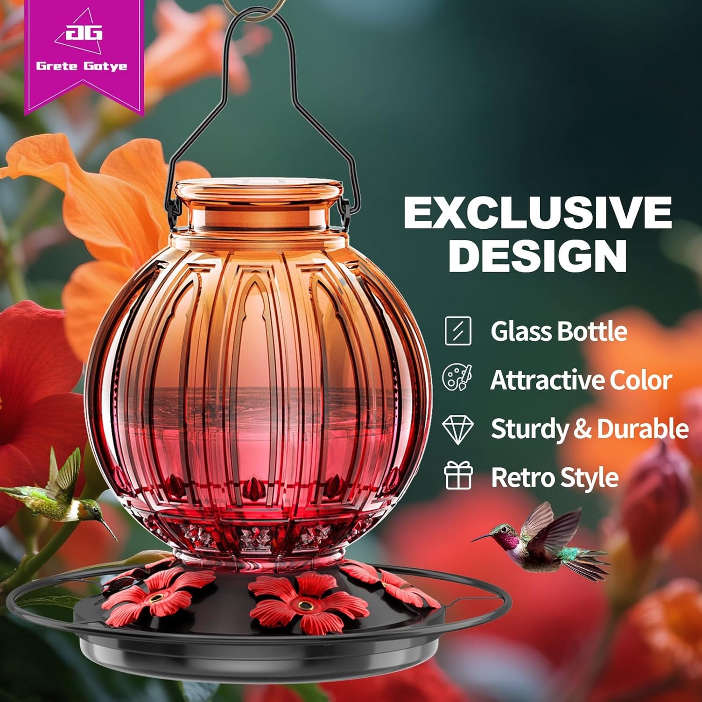 Skiennix Glass Hummingbird Feeder - 26Oz Leak-Proof Outdoor Nectar Feeder with 5 Flower Ports | Clear & Red